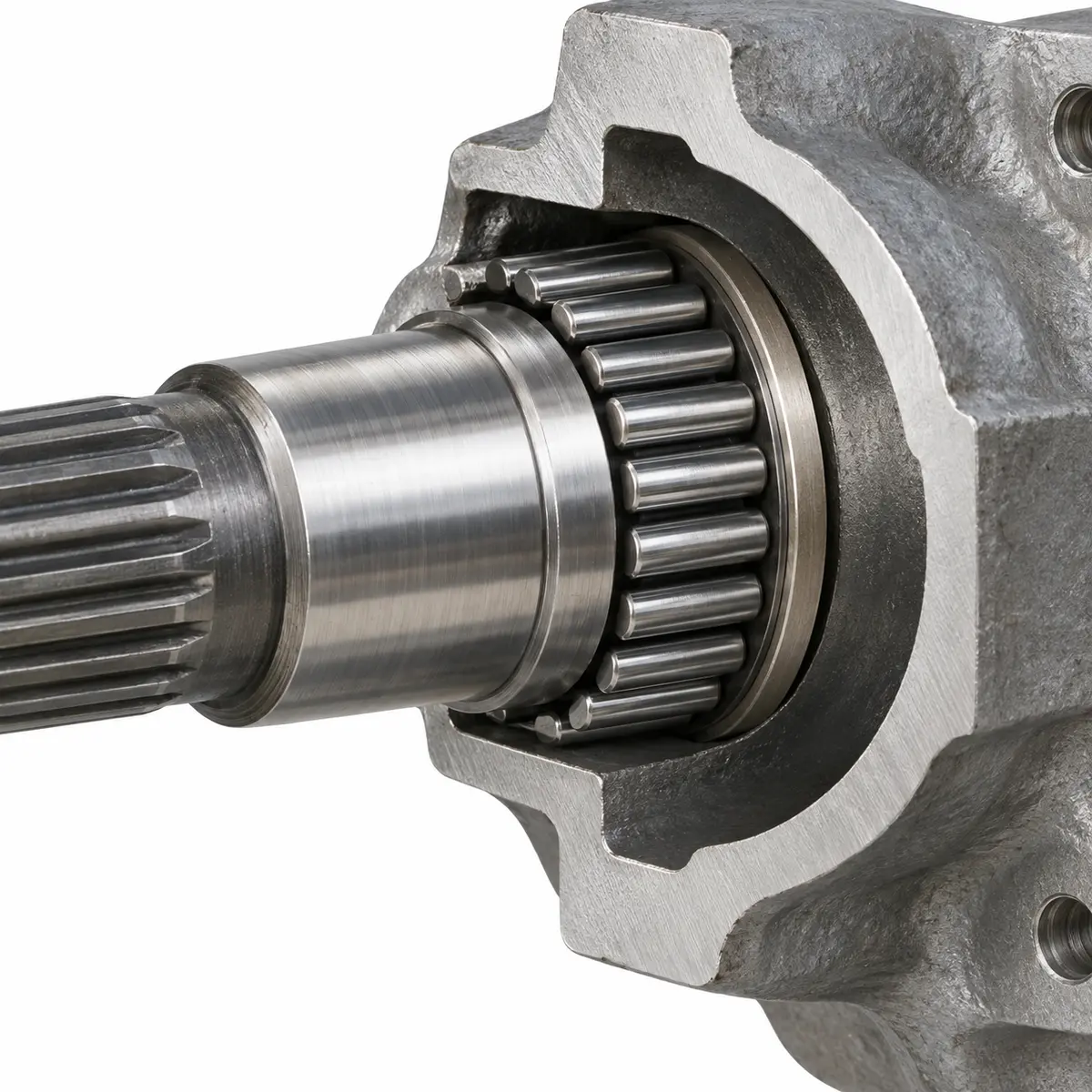 outboard-gearbox-loose-needle-roller-installation Loose needle rollers installed around an outboard gearbox shaft journal