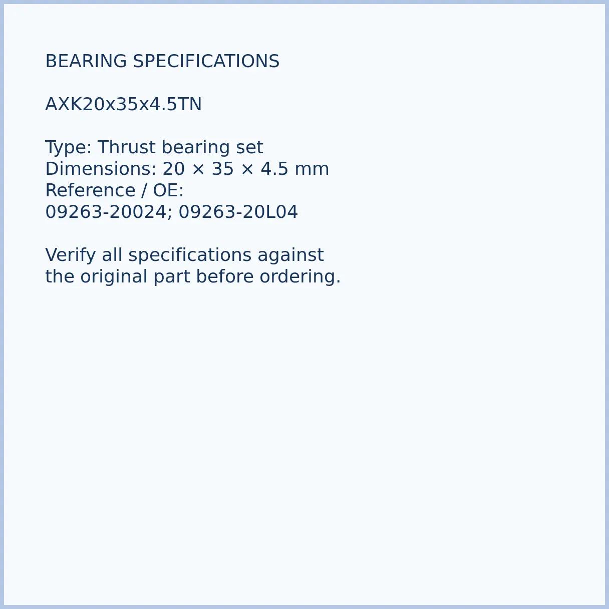 09263-20024-axk2035-thrust-bearing-02-specifications AXK20x35x4.5TN bearing dimensions 20 × 35 × 4.5 mm and reference number