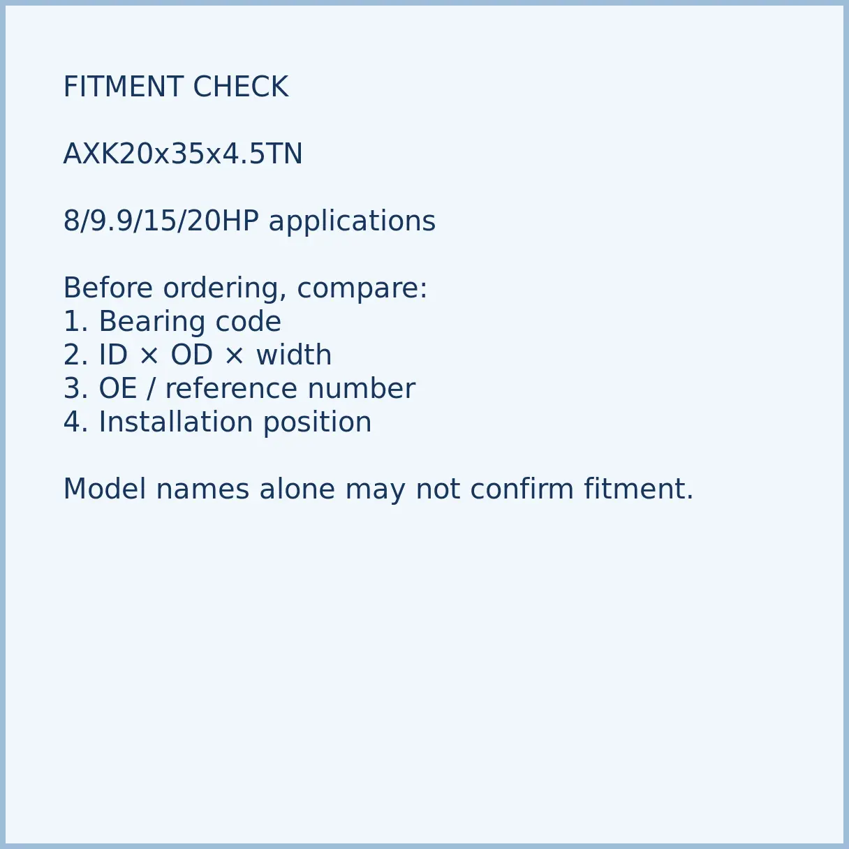 09263-20024-axk2035-thrust-bearing-03-fitment AXK20x35x4.5TN bearing fitment and application check for outboard motor