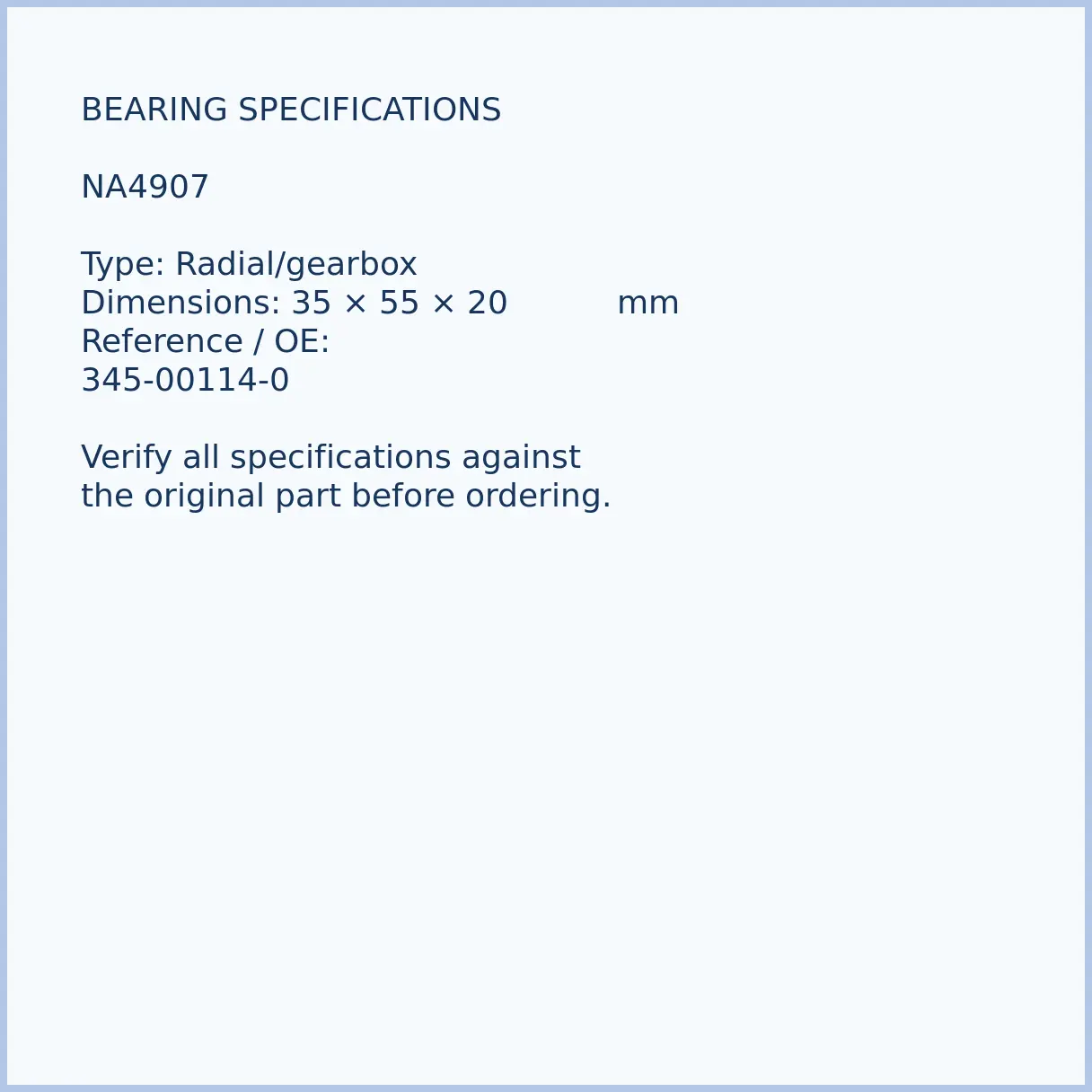 345-00114-0-na4907-outboard-bearing-02-specifications NA4907 bearing dimensions 35 × 55 × 20 mm and reference number