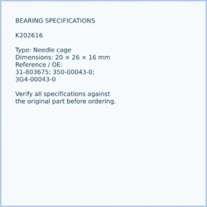 K202616 bearing dimensions 20 × 26 × 16 mm and reference number