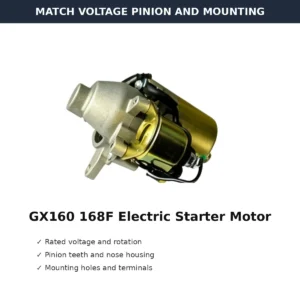 GX160 168F Electric Starter Motor Standard Type voltage pinion and mounting check