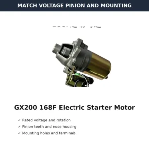 GX200 168F Electric Starter Motor 60V Type voltage pinion and mounting check