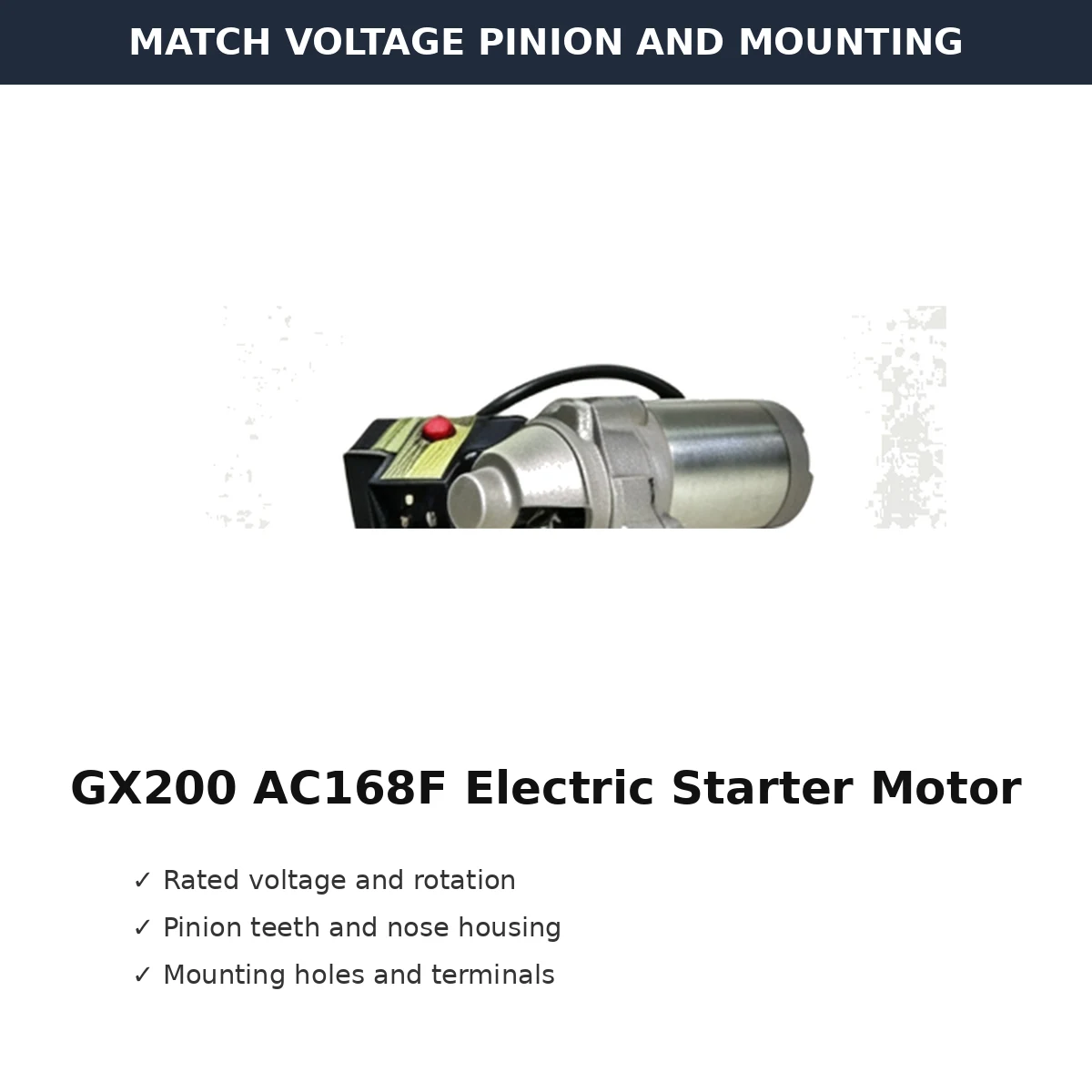gx200-ac168f-electric-starter-motor-snow-blower-type-02-fitment GX200 AC168F Electric Starter Motor Snow Blower Type voltage pinion and mounting check