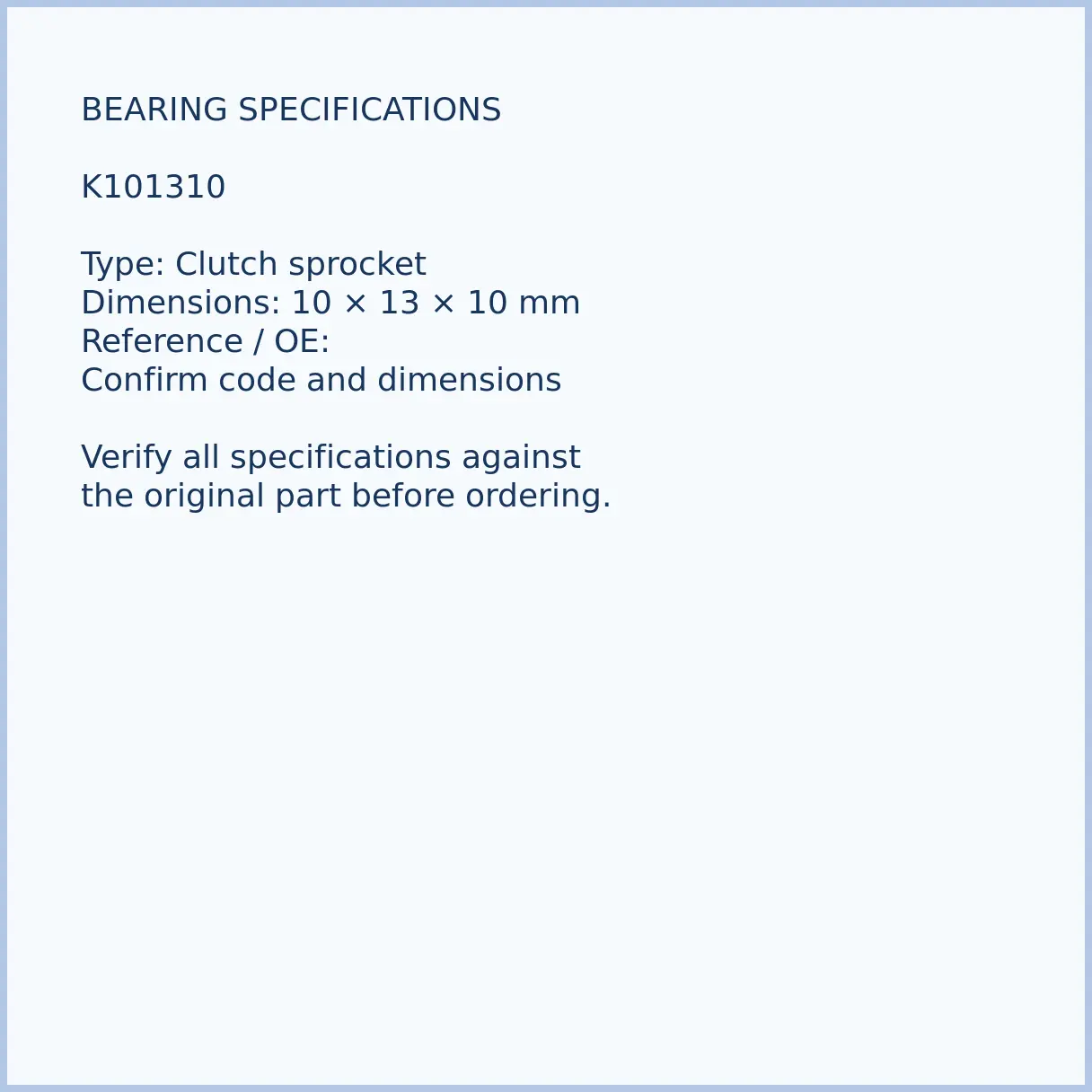 k101310-chainsaw-clutch-needle-bearing-02-specifications K101310 bearing dimensions 10 × 13 × 10 mm and reference number