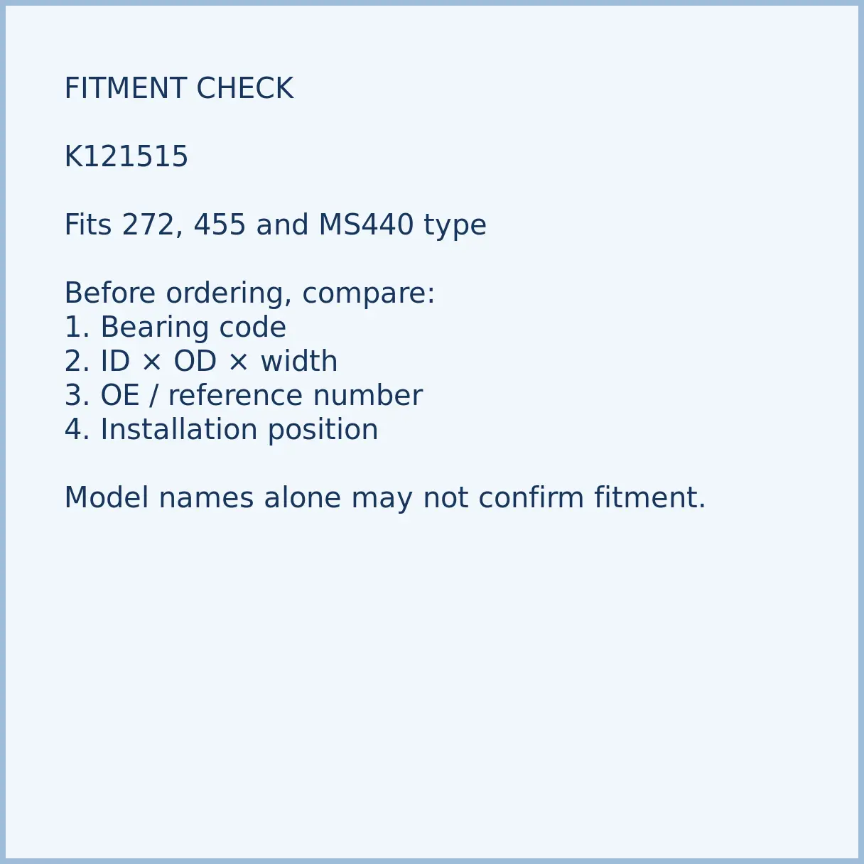 k121515-chainsaw-piston-pin-needle-bearing-03-fitment K121515 bearing fitment and application check for chainsaw