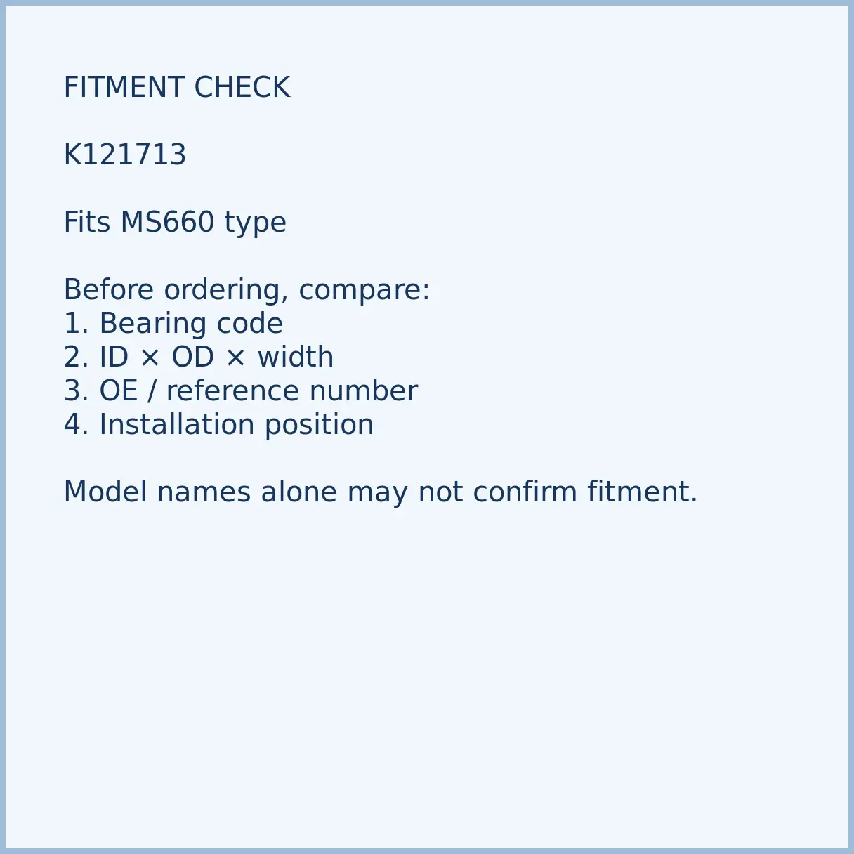 k121713-ms660-type-piston-pin-bearing-03-fitment K121713 bearing fitment and application check for chainsaw