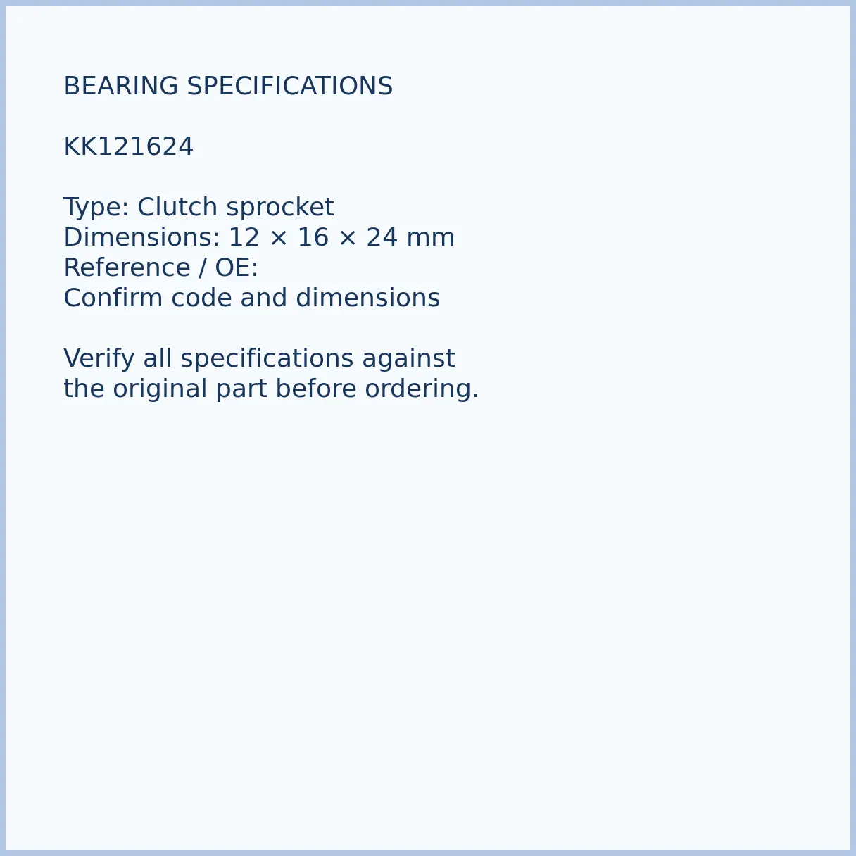 kk121624-chainsaw-clutch-needle-bearing-02-specifications KK121624 bearing dimensions 12 × 16 × 24 mm and reference number