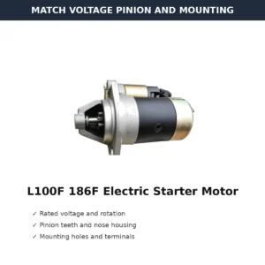 L100F 186F Electric Starter Motor 1.2 kW Type voltage pinion and mounting check